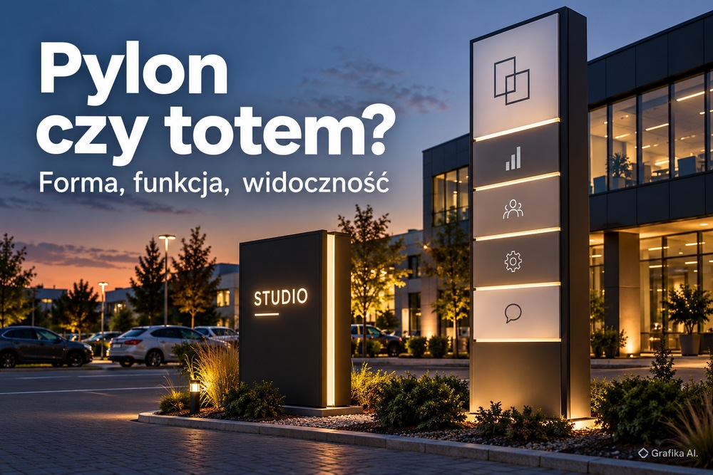 Pylon wielopolowy i totem przy kompleksie biurowym o zmierzchu – grafika AI